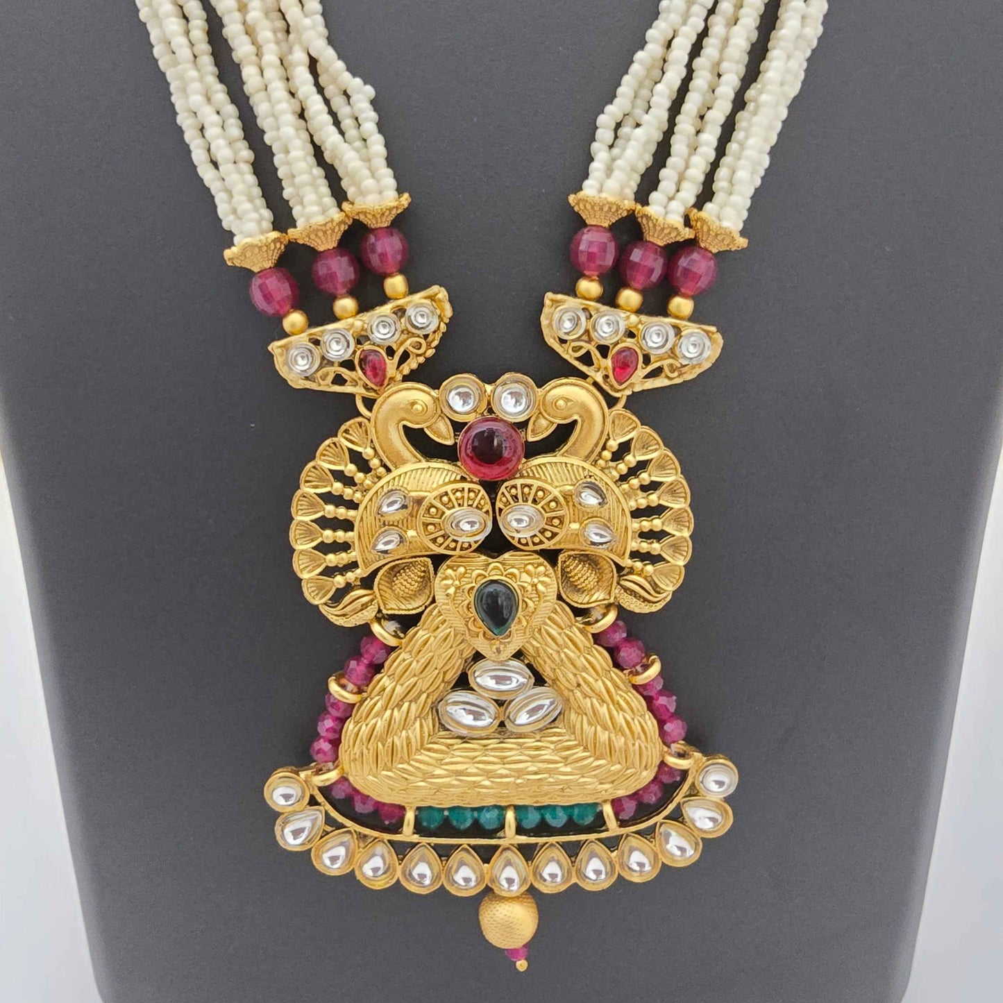 Traditional Pearl Beaded Copper Long Necklace Set with Designer Pendant & Earrings for Women