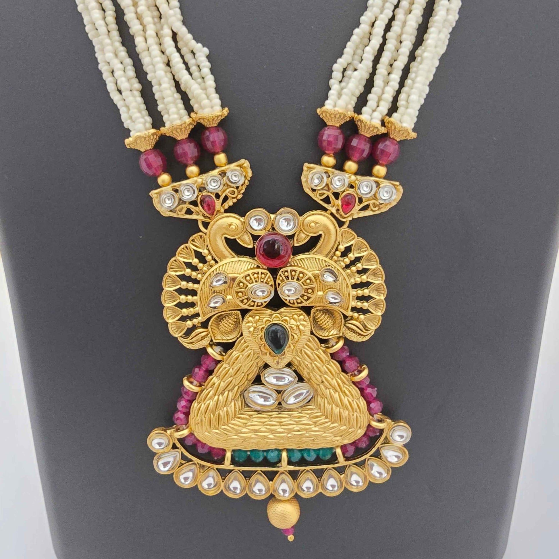 Traditional Pearl Beaded Copper Long Necklace Set with Designer Pendant & Earrings for Women