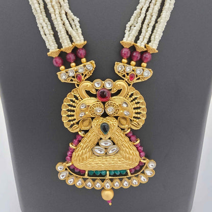 Traditional Pearl Beaded Copper Long Necklace Set with Designer Pendant & Earrings for Women