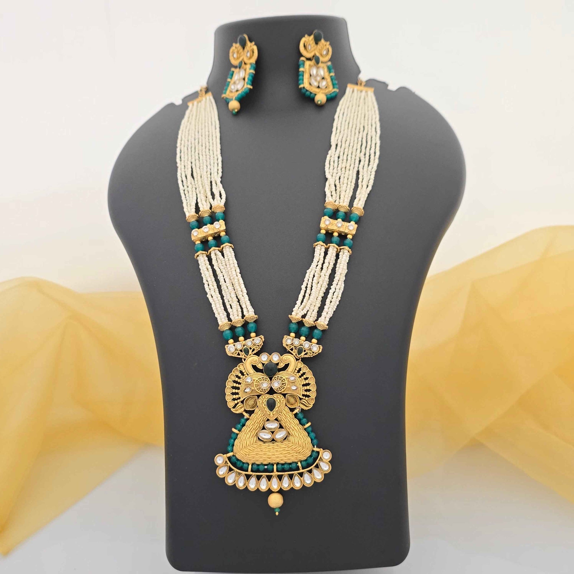 Traditional Pearl Beaded Copper Long Necklace Set with Designer Pendant & Earrings for Women