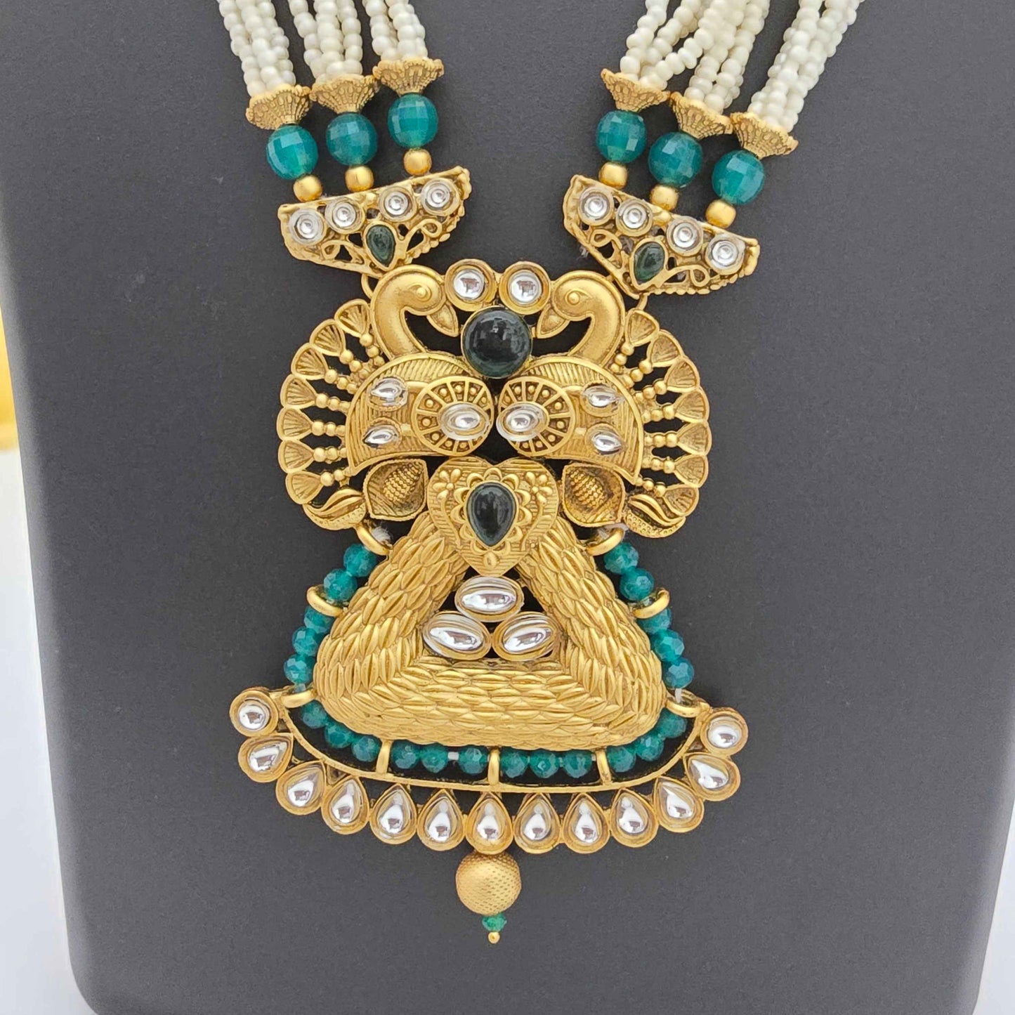 Traditional Pearl Beaded Copper Long Necklace Set with Designer Pendant & Earrings for Women