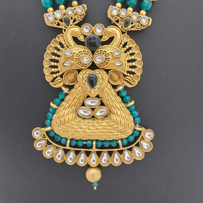 Traditional Pearl Beaded Copper Long Necklace Set with Designer Pendant & Earrings for Women