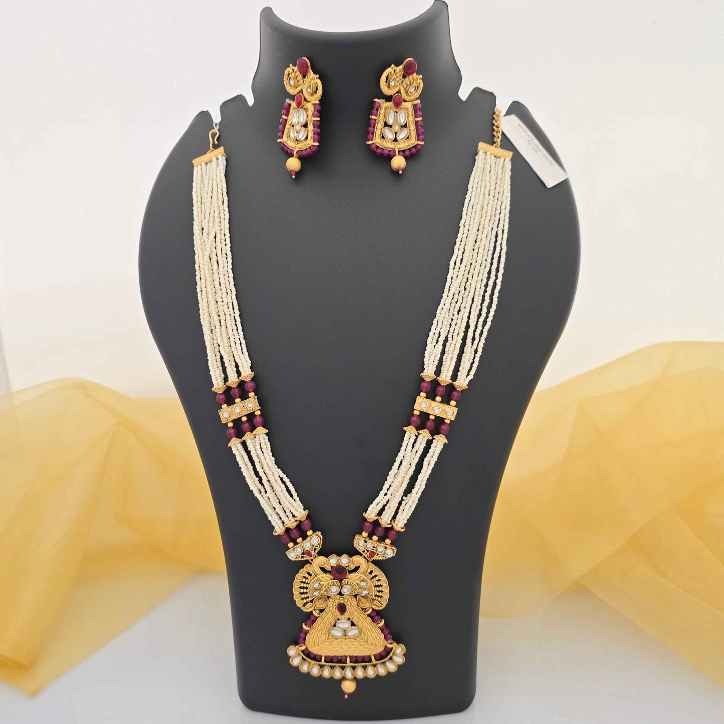 Traditional Pearl Beaded Copper Long Necklace Set with Designer Pendant & Earrings for Women