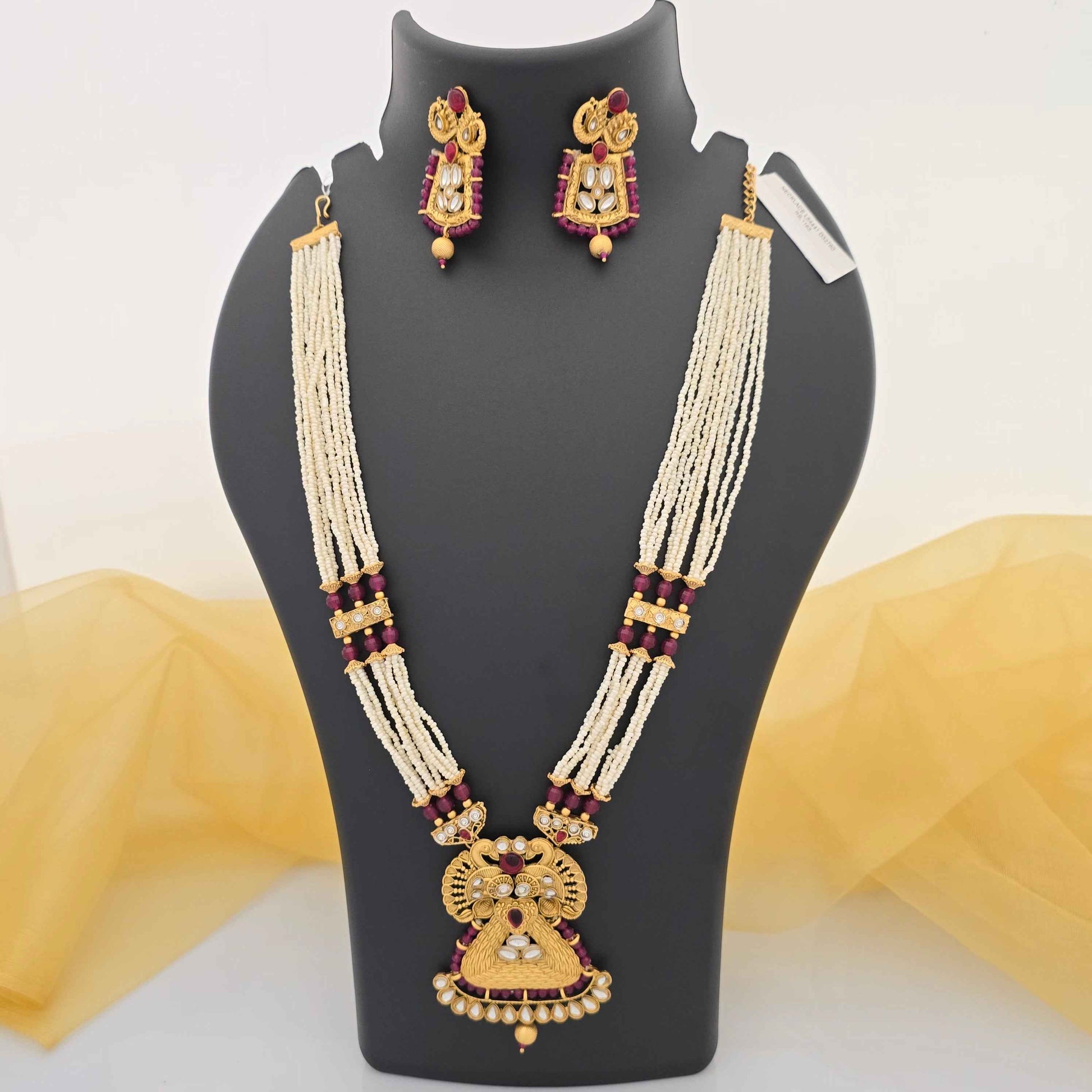 Traditional Pearl Beaded Copper Long Necklace Set with Designer Pendant & Earrings for Women