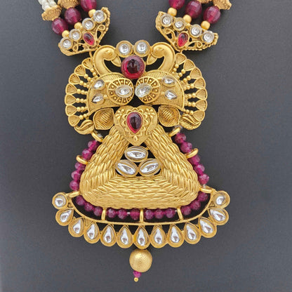 Traditional Pearl Beaded Copper Long Necklace Set with Designer Pendant & Earrings for Women