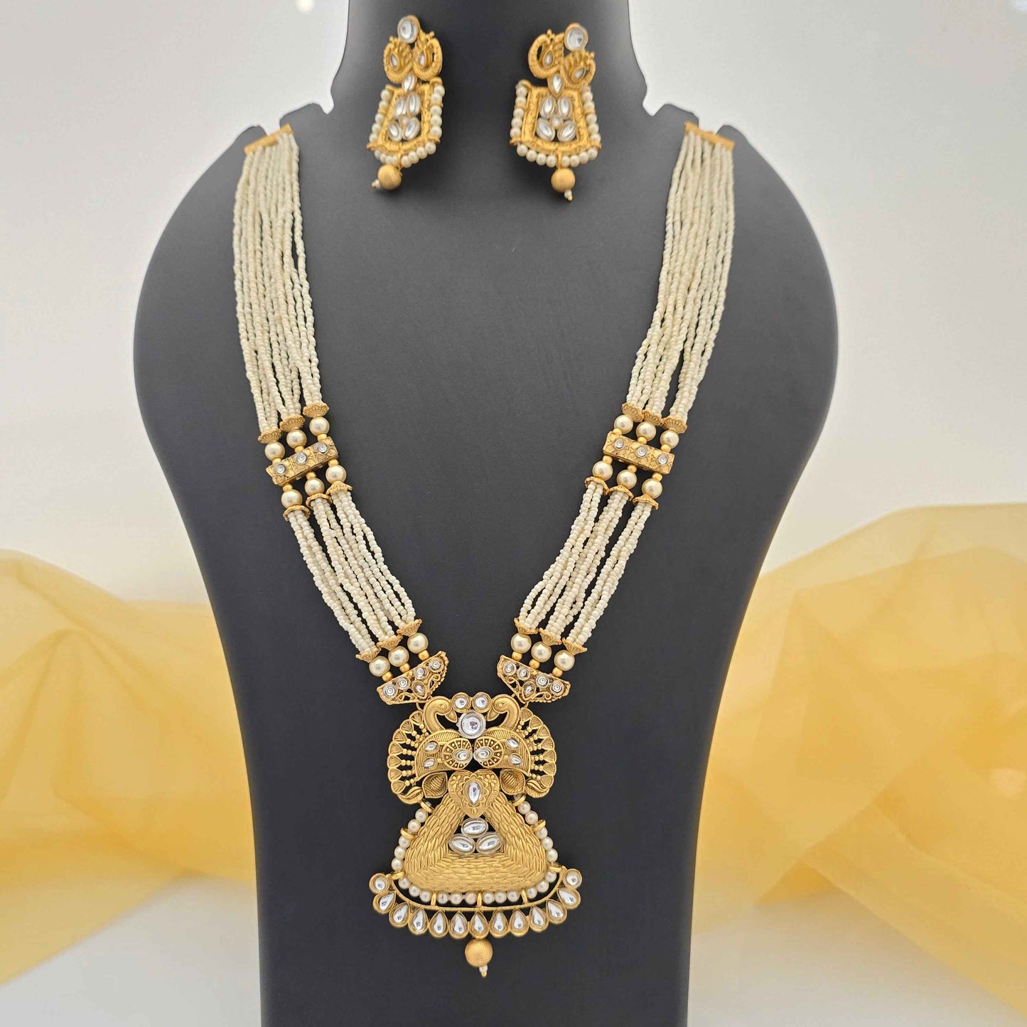 Traditional Pearl Beaded Copper Long Necklace Set with Designer Pendant & Earrings for Women