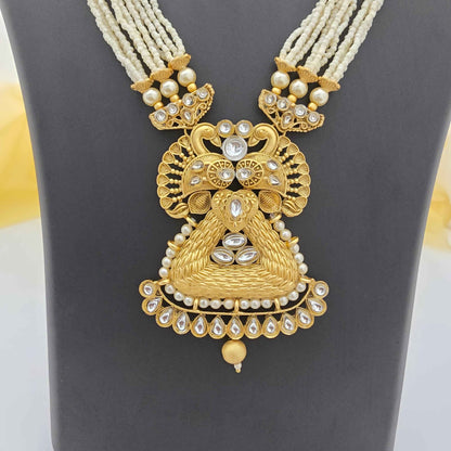 Traditional Pearl Beaded Copper Long Necklace Set with Designer Pendant & Earrings for Women