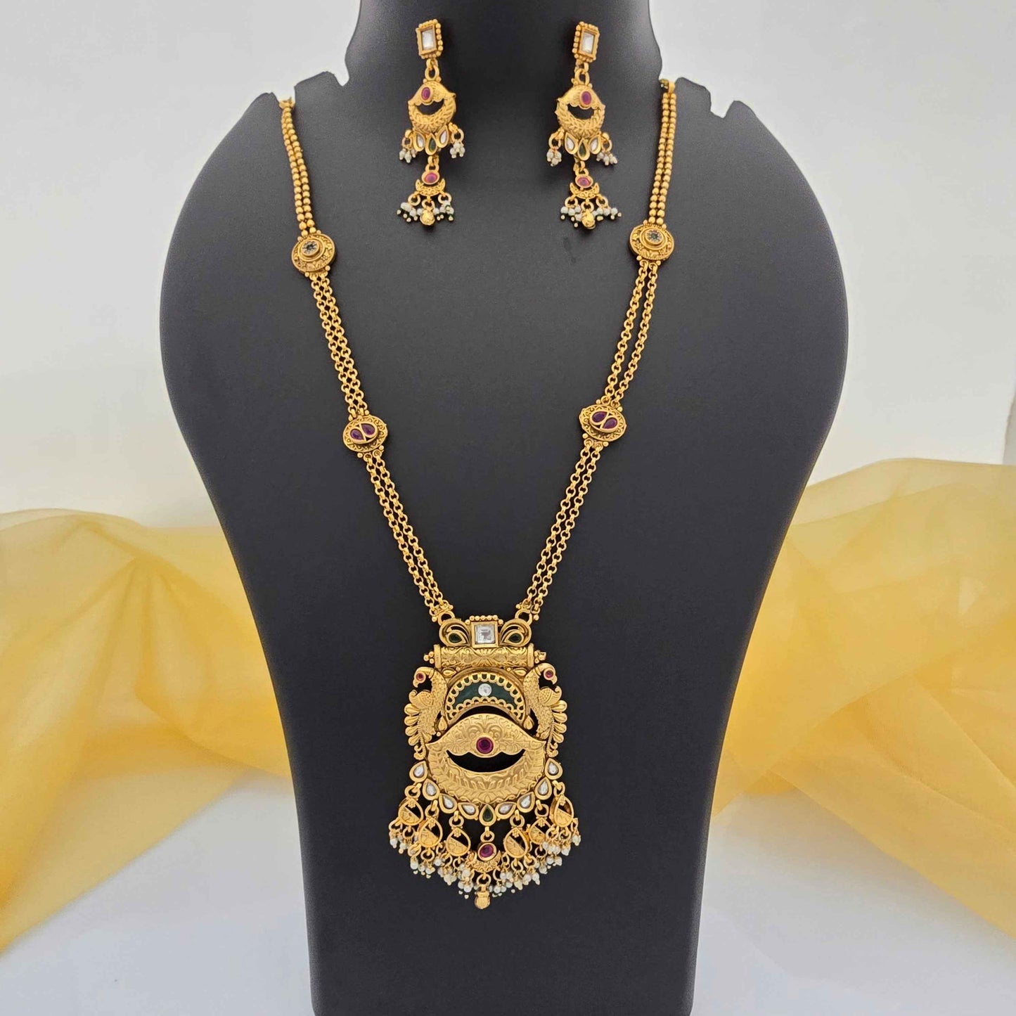 Royal Copper Temple Pendant Necklace with Pearl Danglers for Women