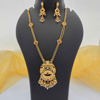 Royal Copper Temple Pendant Necklace with Pearl Danglers for Women