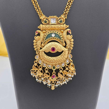 Royal Copper Temple Pendant Necklace with Pearl Danglers for Women