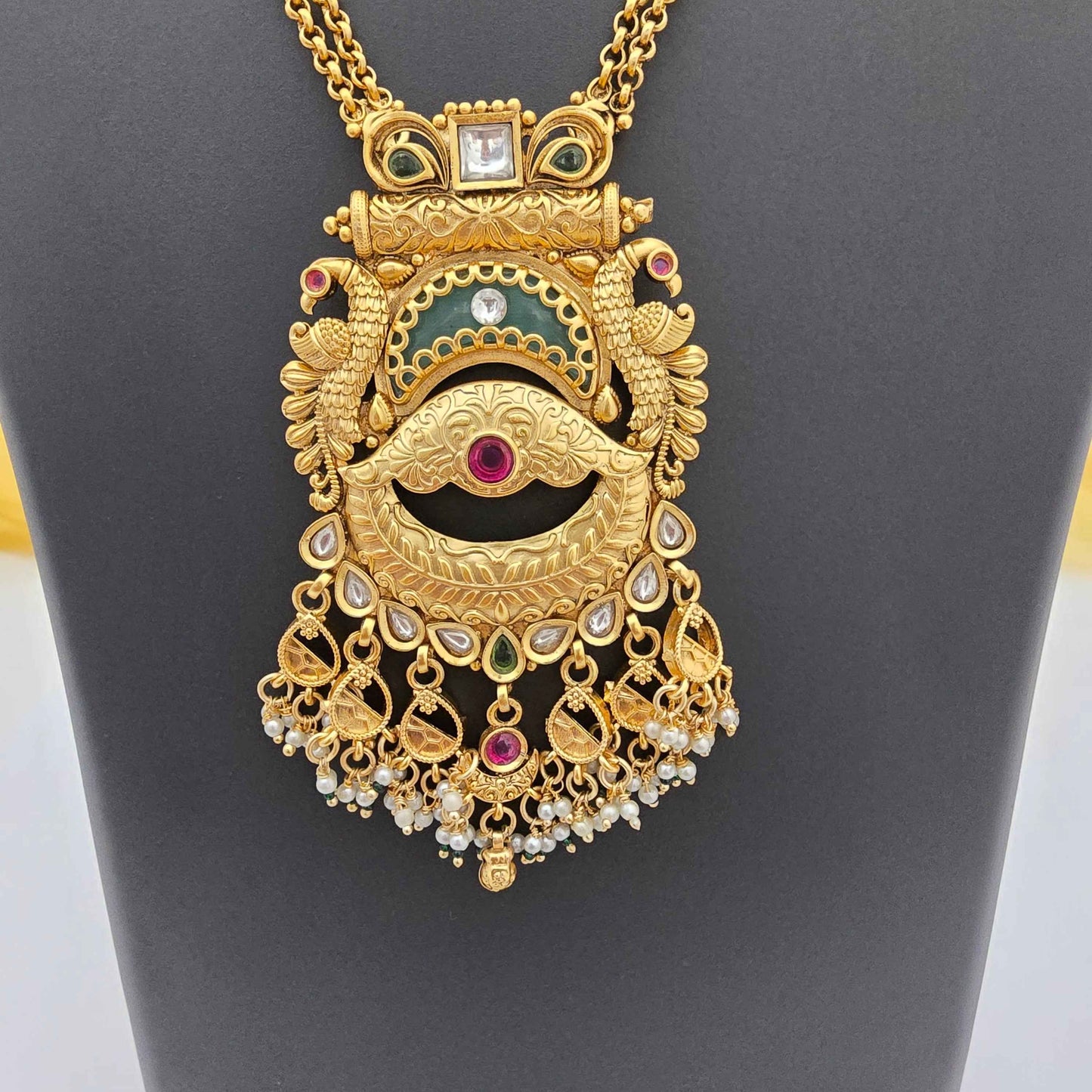 Royal Copper Temple Pendant Necklace with Pearl Danglers for Women