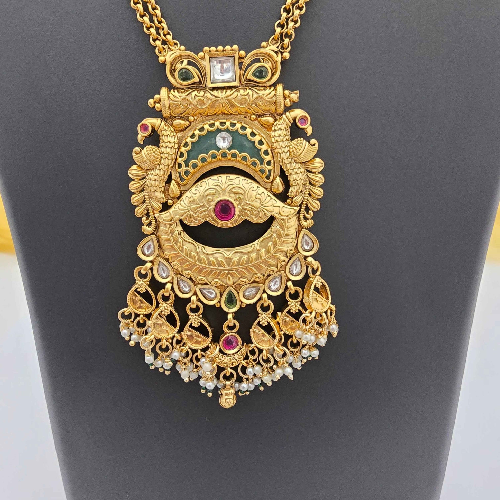 Royal Copper Temple Pendant Necklace with Pearl Danglers for Women