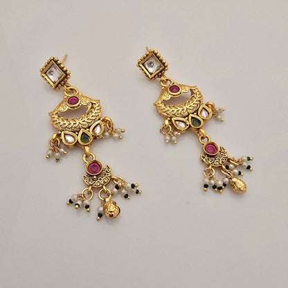 Royal Copper Temple Pendant Necklace with Pearl Danglers for Women