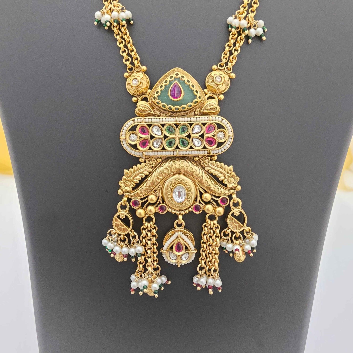 Traditional Copper Pendant Necklace with Pearl Danglers & Kundan Stones for Women