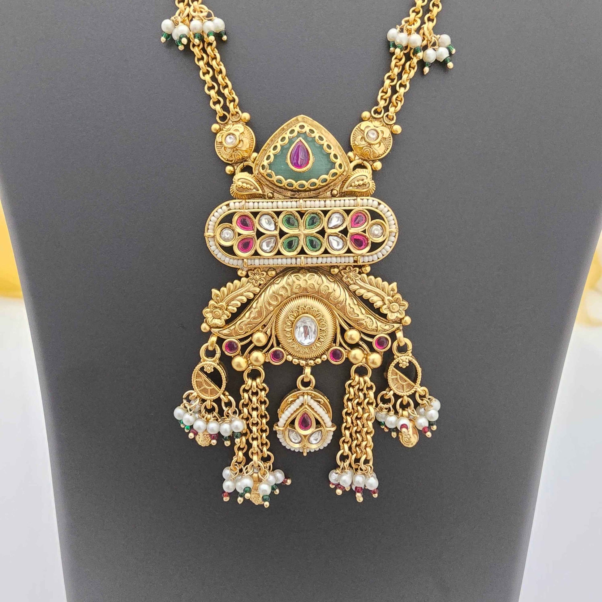 Traditional Copper Pendant Necklace with Pearl Danglers & Kundan Stones for Women