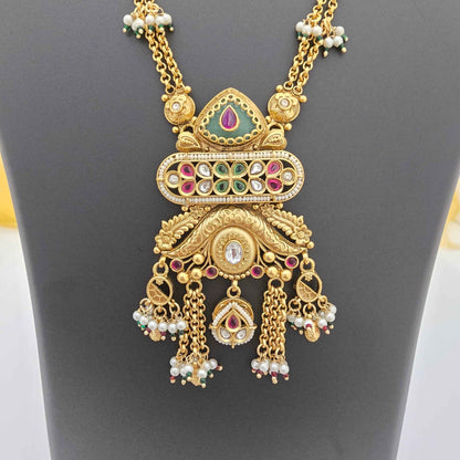 Traditional Copper Pendant Necklace with Pearl Danglers & Kundan Stones for Women