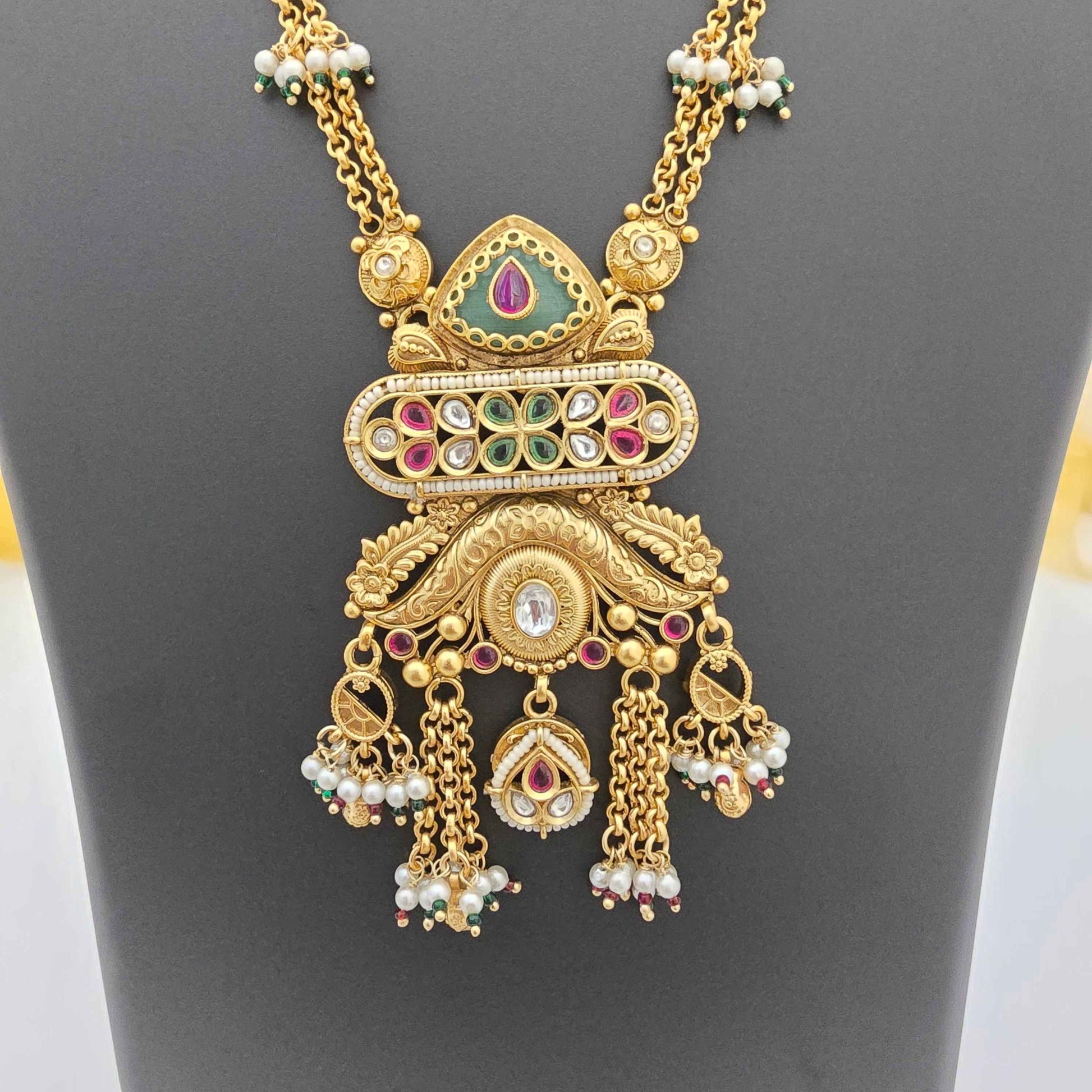 Traditional Copper Pendant Necklace with Pearl Danglers & Kundan Stones for Women