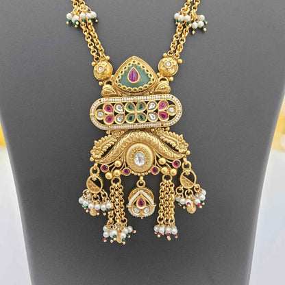 Traditional Copper Pendant Necklace with Pearl Danglers & Kundan Stones for Women