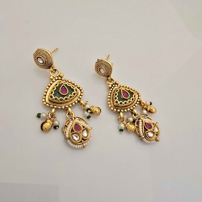 Traditional Copper Pendant Necklace with Pearl Danglers & Kundan Stones for Women