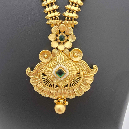 Traditional Copper Long Necklace Set with Antique Pendant & Earrings for Women