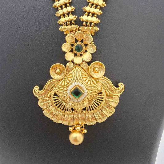 Traditional Copper Long Necklace Set with Antique Pendant & Earrings for Women