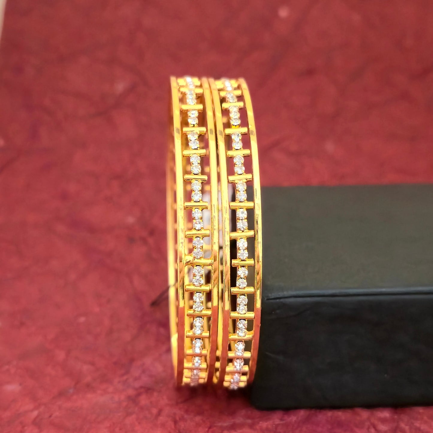Gold Plated American Diamond Bangles Set for Women | Elegant Stone Line AD Bangles