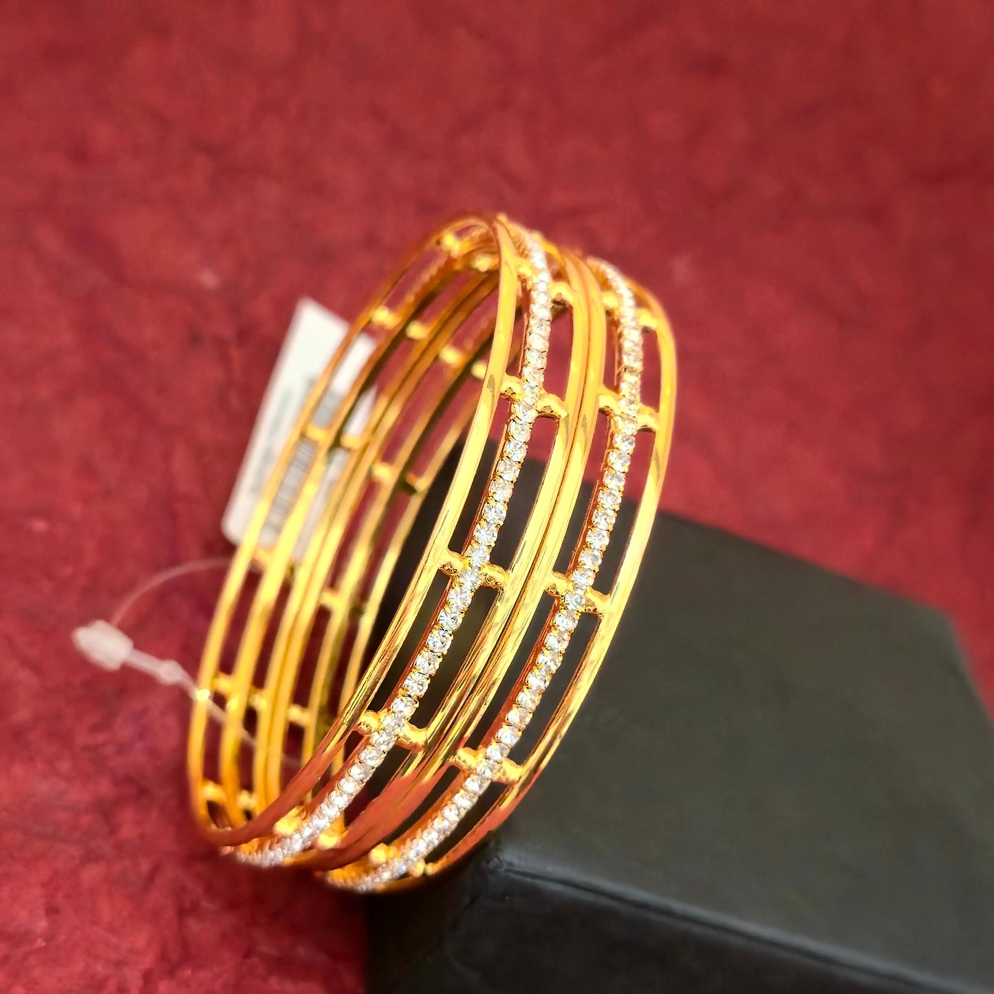 Gold Plated American Diamond Double Line Bangles Set for Women | Elegant AD Stone Designer Bangles