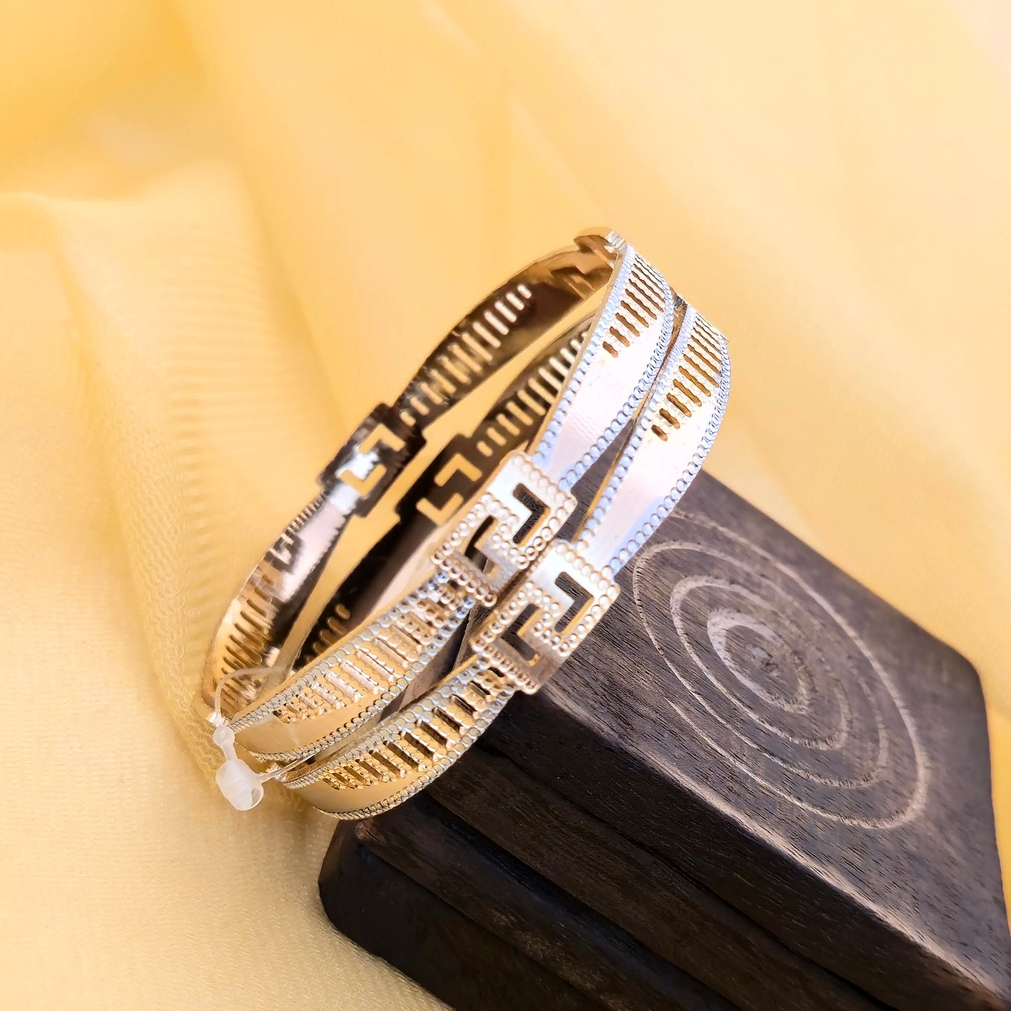 Dual Tone CNC Greek Key Pattern Bangles for Women | Gold & Silver Designer Lock Style Bangles