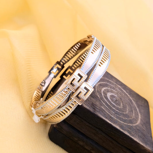 Dual Tone CNC Greek Key Pattern Bangles for Women | Gold & Silver Designer Lock Style Bangles