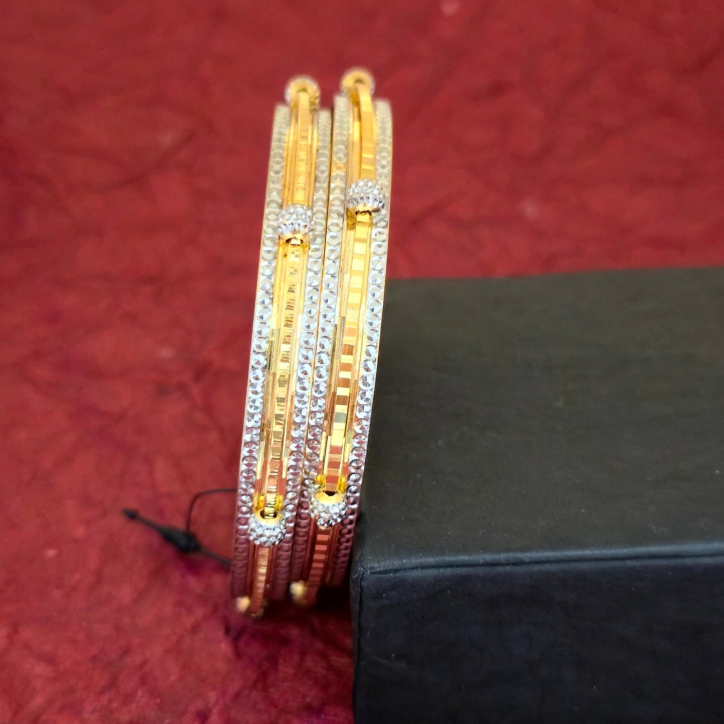 Dual Tone CNC Linear Crystal Ball Bangles for Women | Gold Silver Designer Bangles
