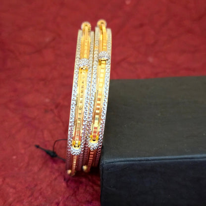 Dual Tone CNC Linear Crystal Ball Bangles for Women | Gold Silver Designer Bangles