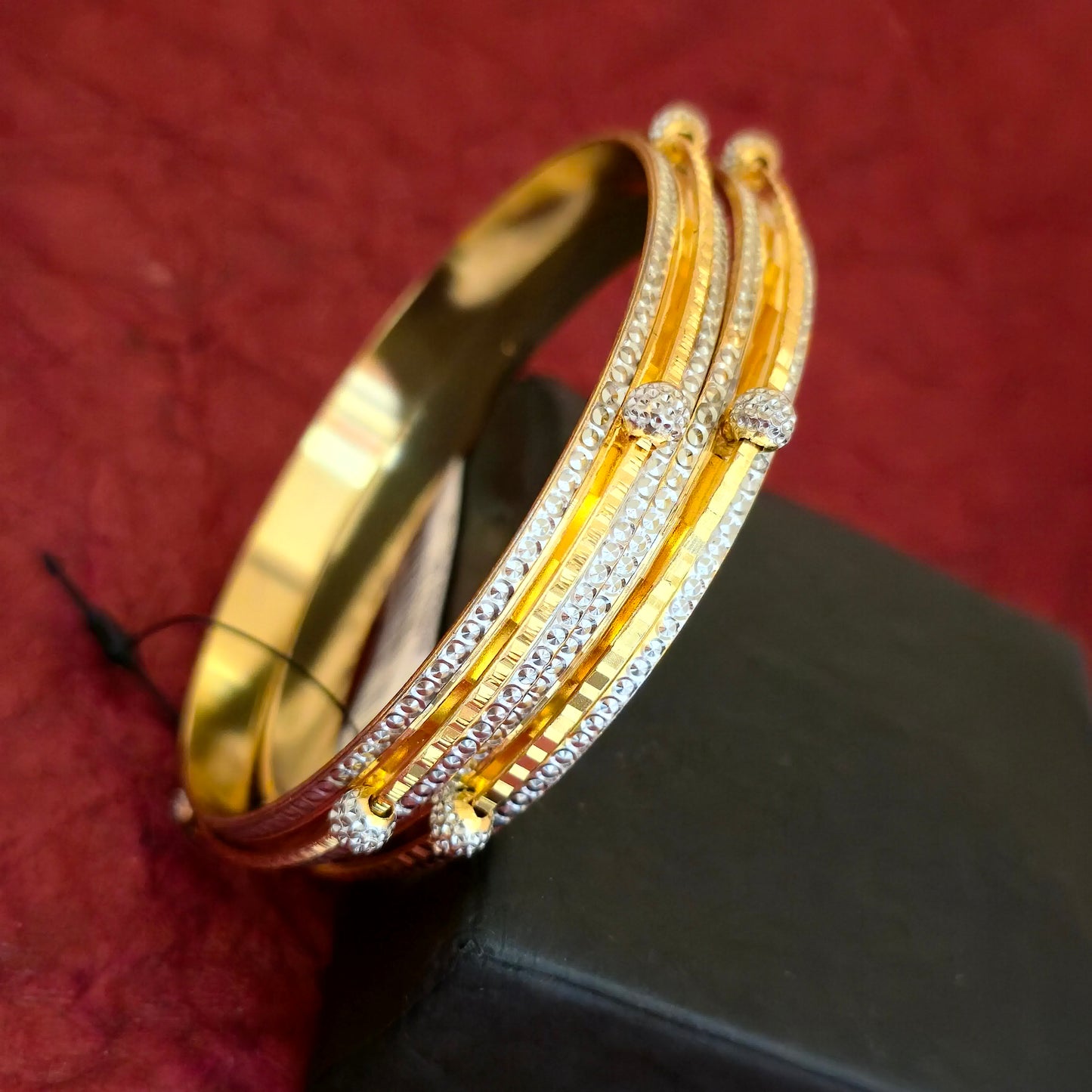 Dual Tone CNC Linear Crystal Ball Bangles for Women | Gold Silver Designer Bangles