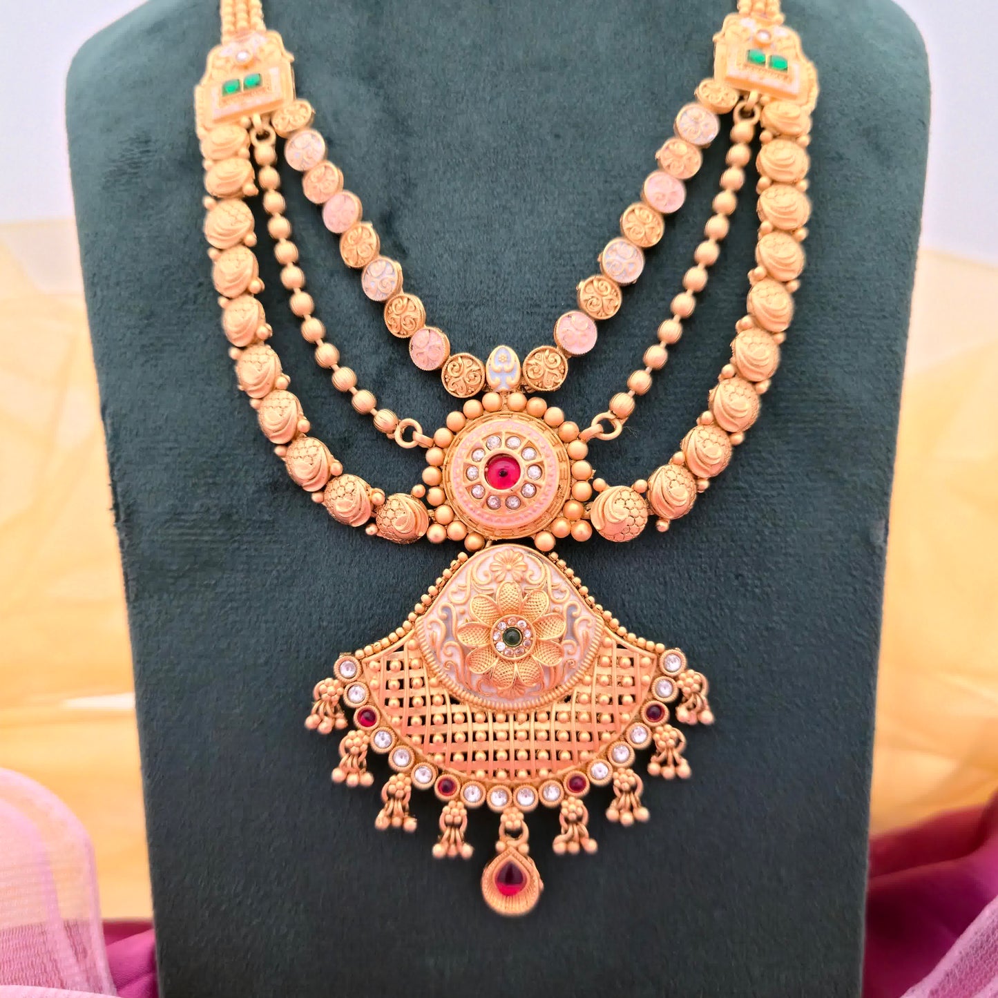 Rajwadi Polish Copper Long Necklace Set for Women | Traditional Bridal Long Haar with Earrings