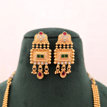Rajwadi Polish Copper Long Necklace Set for Women | Traditional Bridal Long Haar with Earrings