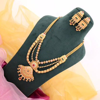 Rajwadi Polish Copper Long Necklace Set for Women | Traditional Bridal Long Haar with Earrings