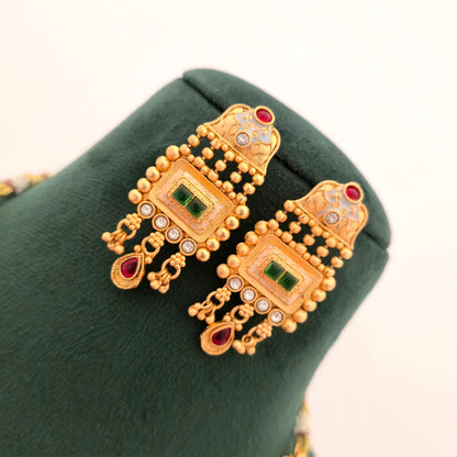 Rajwadi Polish Copper Long Necklace Set for Women | Traditional Bridal Long Haar with Earrings