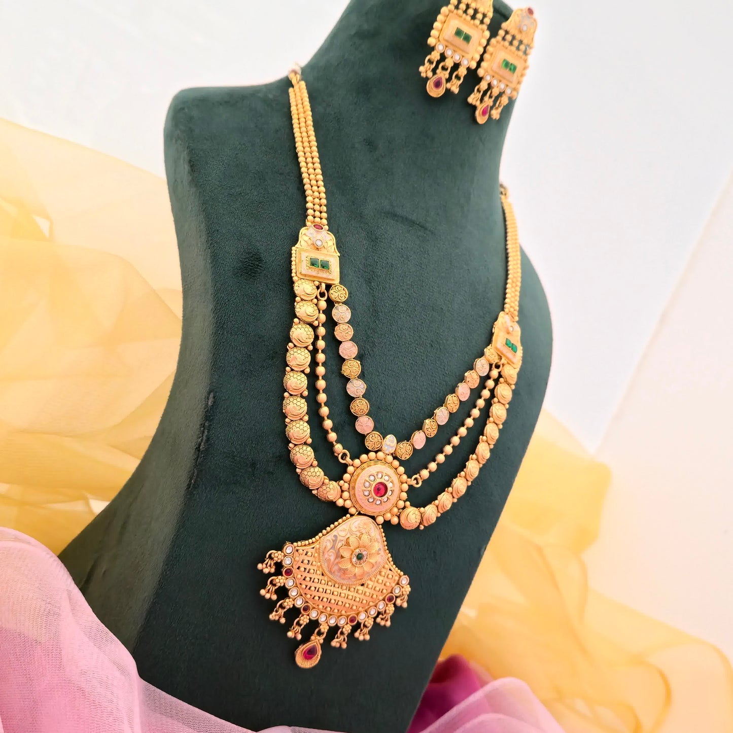 Rajwadi Polish Copper Long Necklace Set for Women | Traditional Bridal Long Haar with Earrings