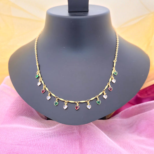 Heart Charm Dokia Necklace for Women | Multicolor Stone Gold Finish Daily Wear Necklace