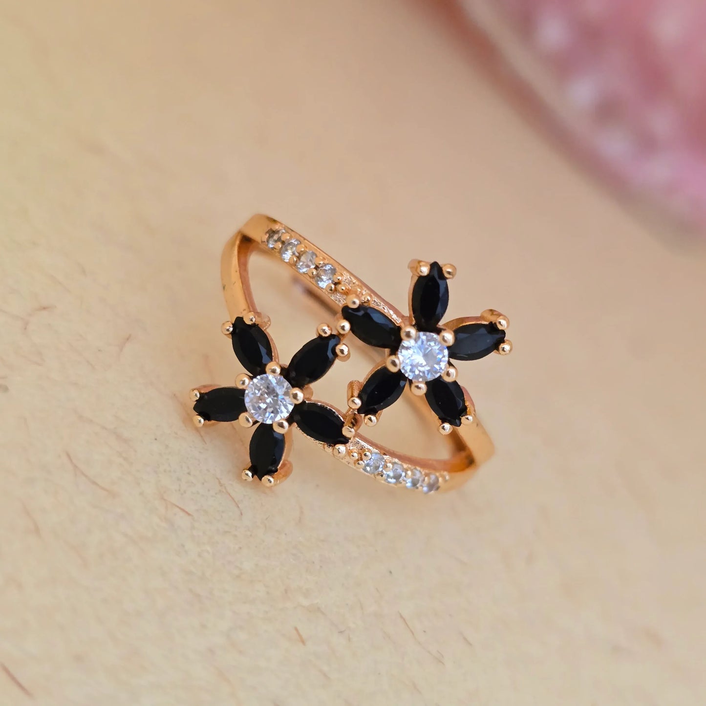 24K_Gold_Plated_AD_Zirconia_Black_Floral_Free_Size_Adjustable_Ring - Saubhagya Collection 