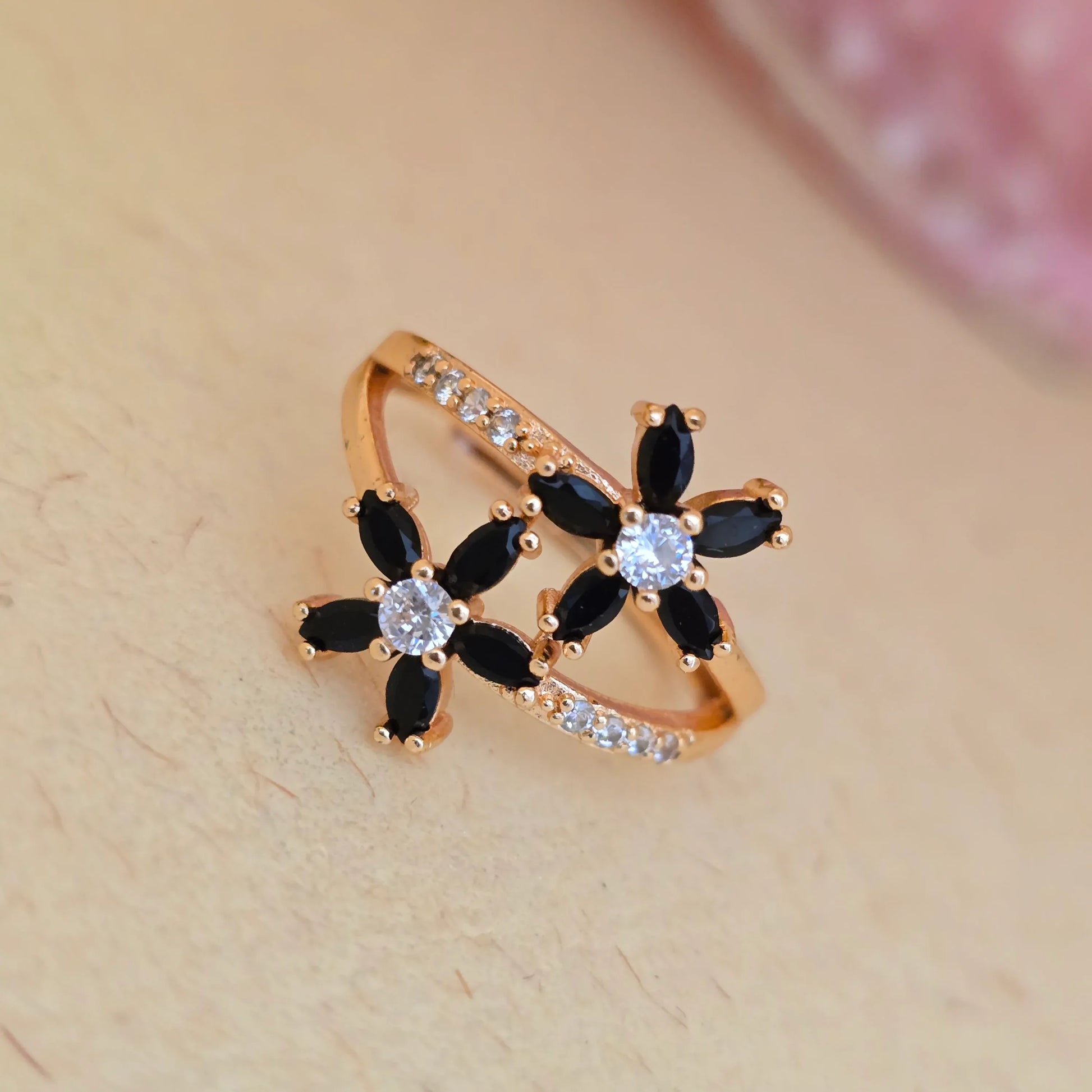 24K_Gold_Plated_AD_Zirconia_Black_Floral_Free_Size_Adjustable_Ring - Saubhagya Collection 