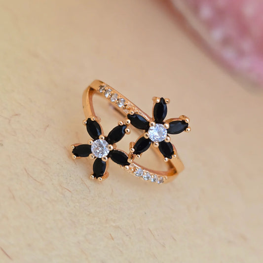 24K_Gold_Plated_AD_Zirconia_Black_Floral_Free_Size_Adjustable_Ring - Saubhagya Collection 