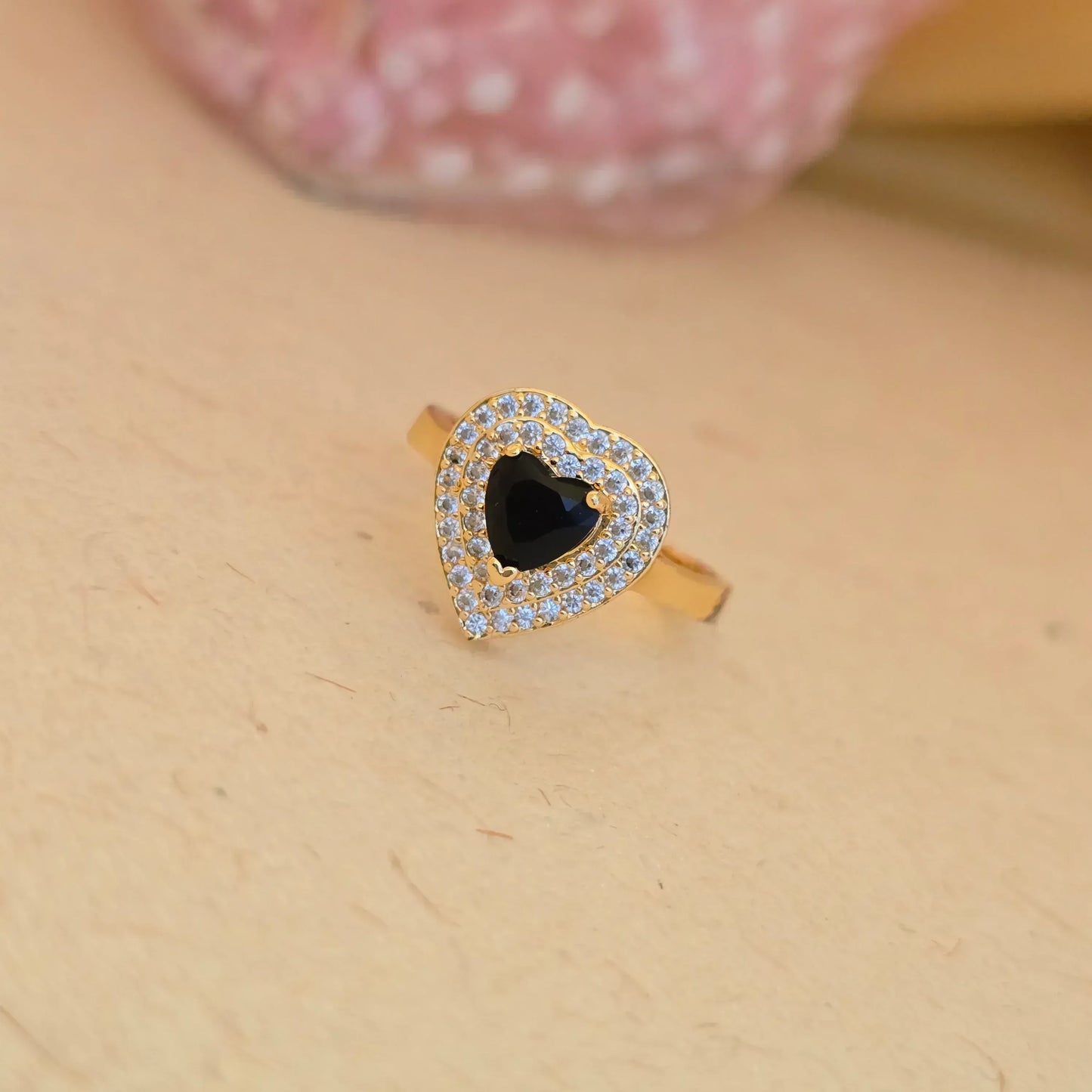 24K_Gold_Plated_AD_Zirconia_Black_Heart_Free_Size_Adjustable_Ring - Saubhagya Collection 