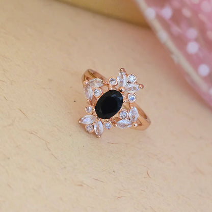 24K_Gold_Plated_AD_Zirconia_Black_Stone_Floral_Free_Size_Adjustable_Ring - Saubhagya Collection 