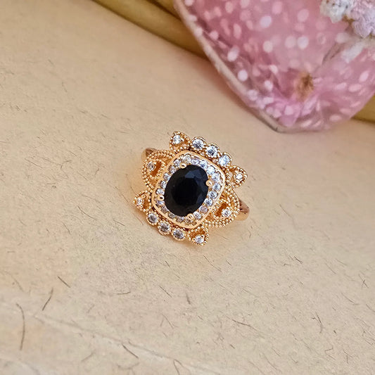 24K_Gold_Plated_AD_Zirconia_Black_Vintage_Free_Size_Adjustable_Ring - Saubhagya Collection 
