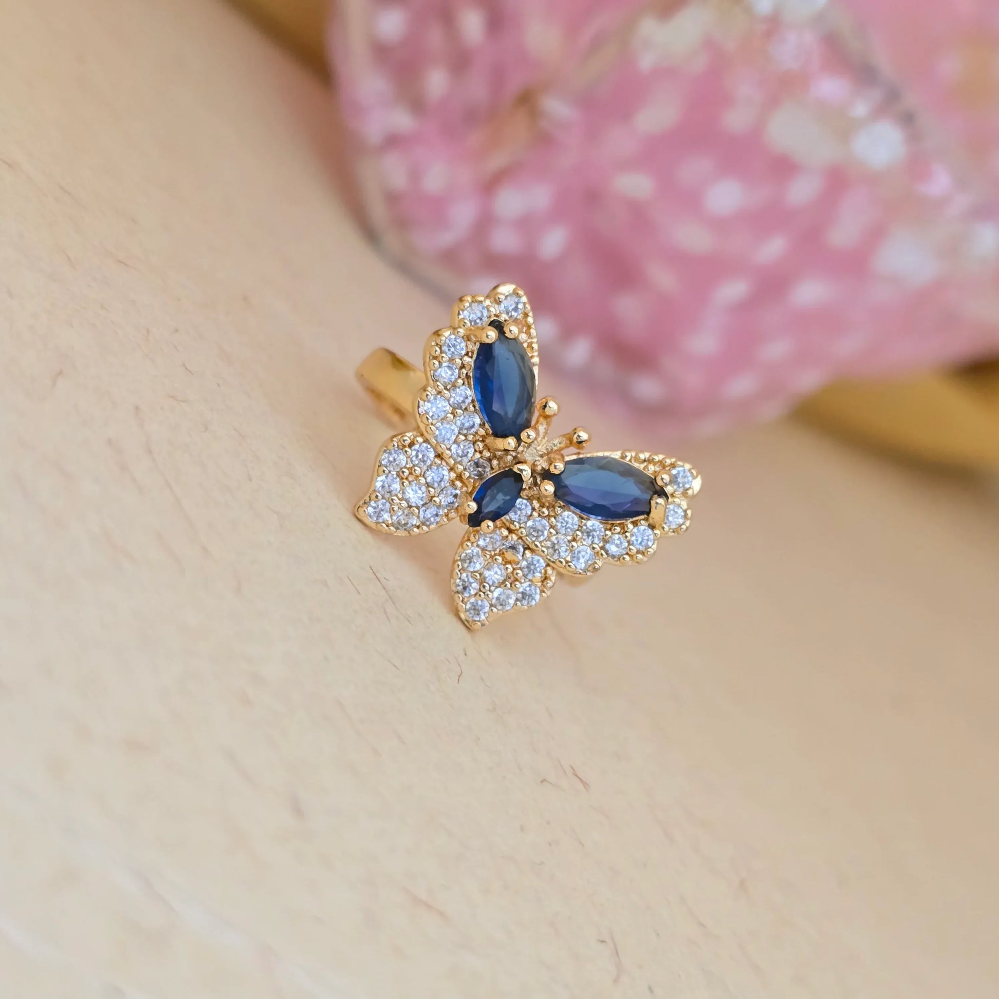 24K_Gold_Plated_AD_Zirconia_Blue_Stone_Butterfly_Free_Size_Adjustable_Ring - Saubhagya Collection 