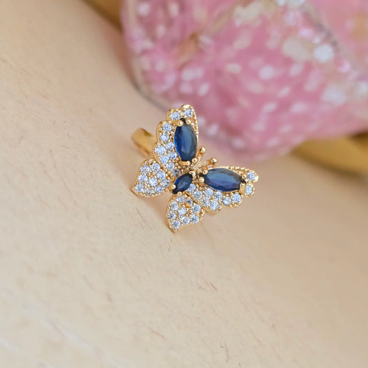 24K_Gold_Plated_AD_Zirconia_Blue_Stone_Butterfly_Free_Size_Adjustable_Ring - Saubhagya Collection 