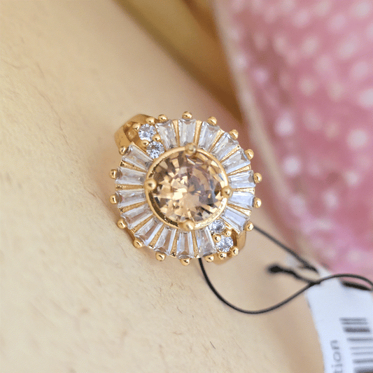 24K_Gold_Plated_AD_Zirconia_Champagne_Halo_Free_Size_Adjustable_Ring - Saubhagya Collection 