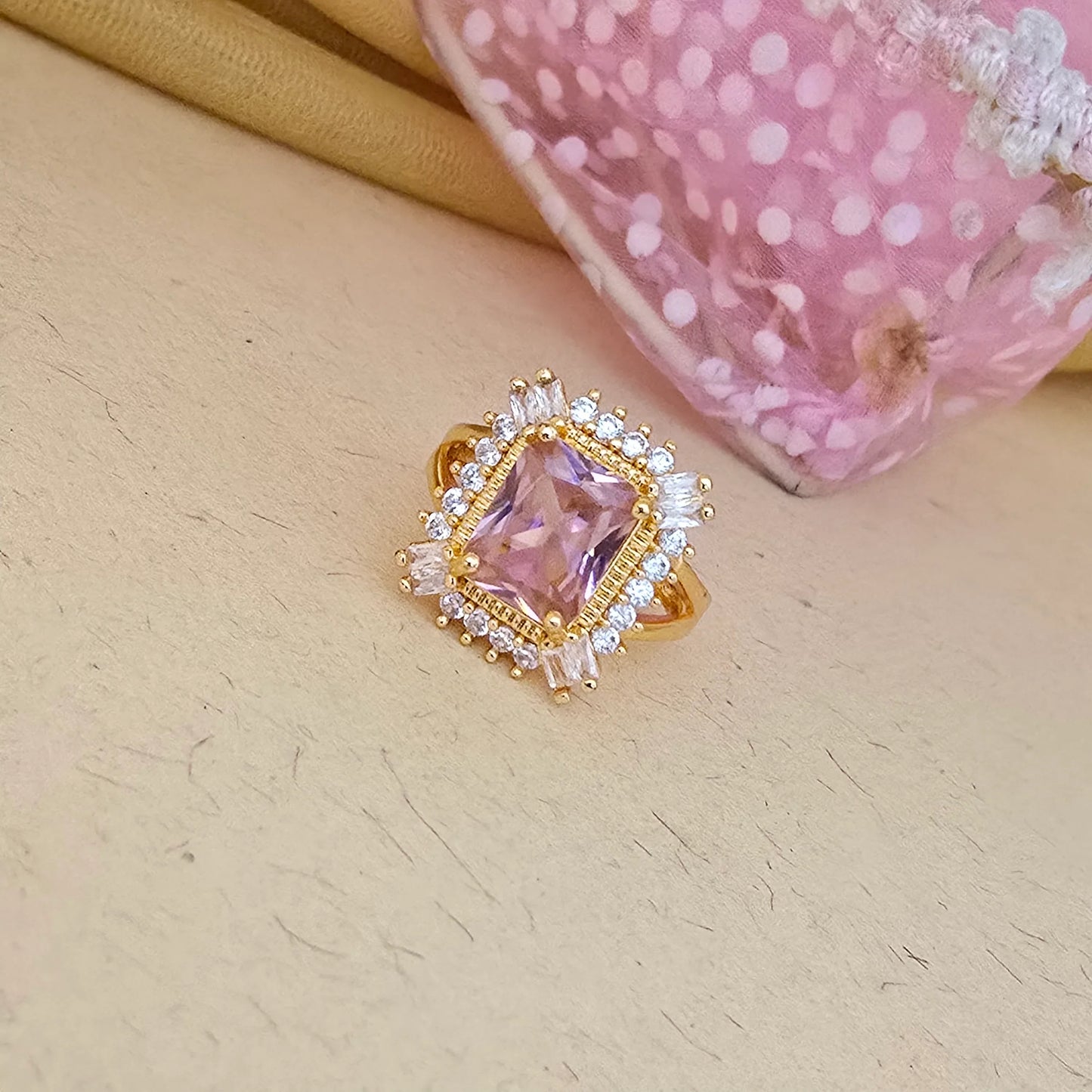 24K_Gold_Plated_AD_Zirconia_Pink_Stone_Square_Halo_Free_Size_Adjustable_Ring - Saubhagya Collection 