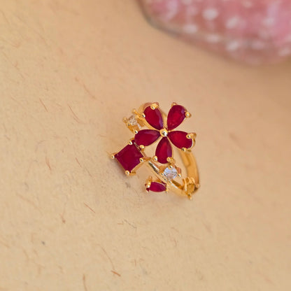 24K_Gold_Plated_AD_Zirconia_Red_Floral_Free_Size_Adjustable_Ring - Saubhagya Collection 