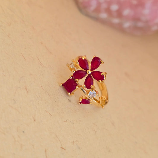 24K_Gold_Plated_AD_Zirconia_Red_Floral_Free_Size_Adjustable_Ring - Saubhagya Collection 